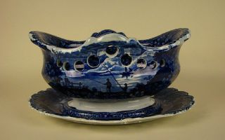 Rare Form Historical Dark Blue Staffordshire Basket & Tray with 