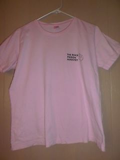 Womens Pink T Shirt Reads The Rock Prison Ministry   Size L
