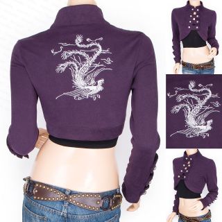 Funky Purple Phoenix Embroidered Back Long Sleeves Bolero Shrug Top 