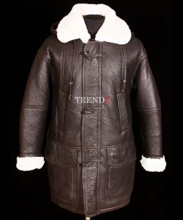   Mens Hooded Warm Winter Real Shearling Sheepskin Leather Duffle Coat