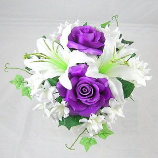 New Artificial Wedding Silk Flower Purple Rose & Lily Bouquet