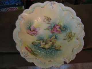 Antique RS Prussia Gold Trim Scalloped Edge Daffodil & Rose Serving 