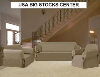   SUEDE COUCH / SOFA + LOVE SEAT + CHAIR COVER / SLIPCOVER 3pc.SET TAN