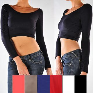   ROUND Boat Neck Solid Cropped Scoop Back Long Sleeve Fashion Women Top