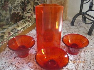 Vintage Retro Orange Glass Vase & 4 Matching Candle Holders Estate 
