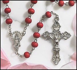 Rose Scent Miraculous Mary Wood Rosary Silver Plate Crucifix & Medal 