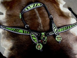 HORSE BRIDLE WESTERN LEATHER HEADSTALL BREASTCOLLAR LIME GREEN ZEBRA 