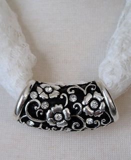 Silver Plated Scarf Ring w Rhinestones & Flowers Pendant Charm Jewelry