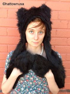 NEW Black Bear Spirit Faux Fur Burning Man Hat Animal Hood with Paws 
