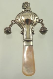 MOTHER OF PEARL & STERLING VICTORIAN BABY RATTLE BY C&N BIRMINGHAM 