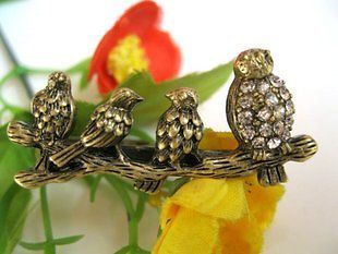 vintage four bronze birds double finger ring w crsytal from