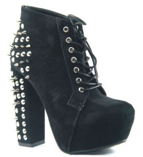 NEW WOMENS SPIKEY STUDDED BLOCK HEEL ANKLE BOOTS, BLACK SUEDE SPIKE 