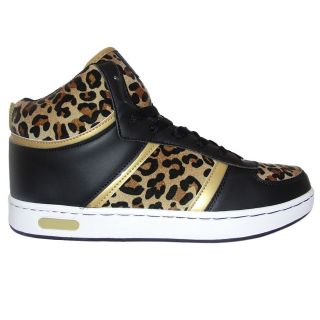 New Womens Black Leather Look High Top Leopard Suede Print Lace Up 
