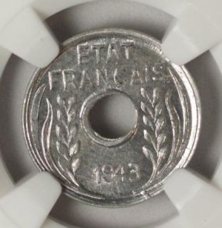 French Indo China 1 Cent 1943 NGC MS 65 UNC Aluminum High Grade