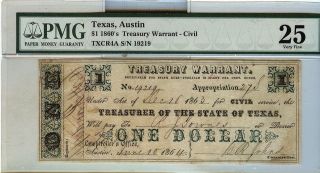 1860s $1 TREASURY WARRANT   CIVIL   Austin Texas PMG VF25