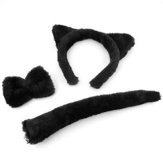 Black Cute Cat Ears Head Band, Bow Tie Collar & Tail Fancy Dress Hen 