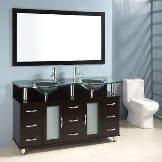 HWS 60 SOLID WOOD Clear Glass Double sink Bathroom Vanity Cabinet 