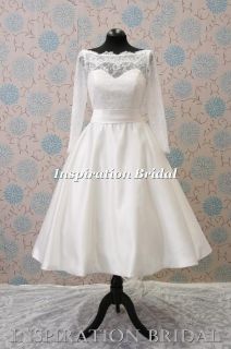   short tea length knee length delicate lace wedding dress long sleeves