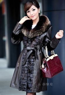 A593 Lady Winter Sheep Skin Leather Coat Jacket Overcoat with Fox Fur 