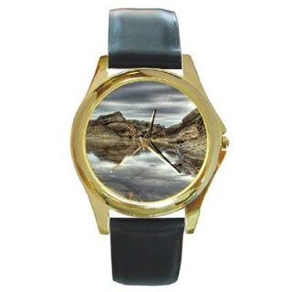 Stormy Ocean Inlet and Rocks Nature Scenic Gold Watch Black Leather