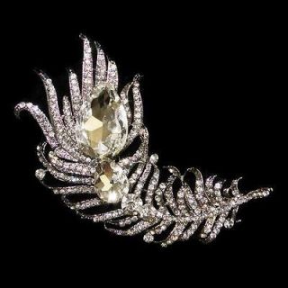 Delicate Bridal 4.33 Peacock Plume Pin Brooch Swarovski Crystal