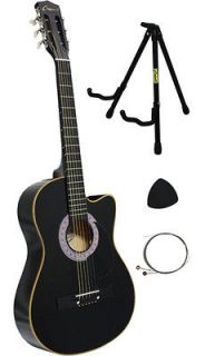   Beginners HANDMADE BLACK Cutaway Acoustic Guitar+Stand And Extras