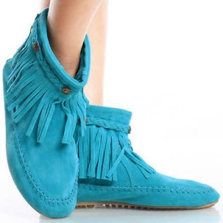 Teal Suede Stitch Fringe Round Toe Women Flat Moccasin Ankle Boots 