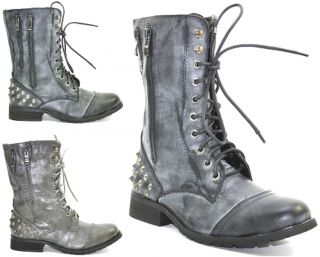 NEW WOMENS LACE UP STUDS CUBAN HEELS ARMY ANKLE MILITARY BOOTS SIZE 3 