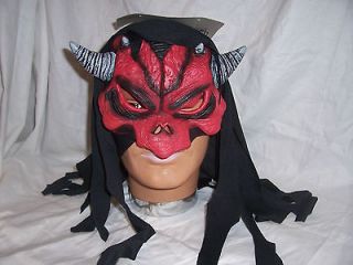   Red Demon Warrior Horned Monster Half Mask With Torn Hood Halloween