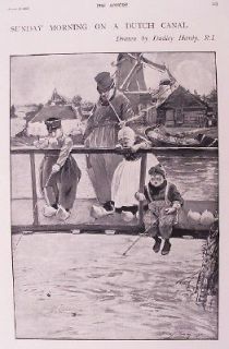 OLD PRINT DUTCH TRADITIONAL COSTUME CLOGS FISHING CANAL c1900