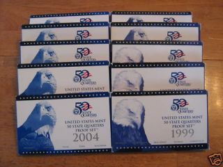 1999 2008 us mint state quarters proof sets w box