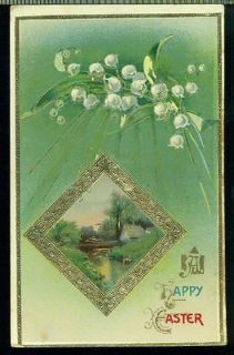 Gel Gold A HAPPY EASTER Lily of the Valley Pond Cottage Scene Vintage 