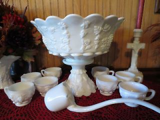 Westmoreland Paneled Grape Milk Glass Punch Bowl, Ladel and 8 punch 