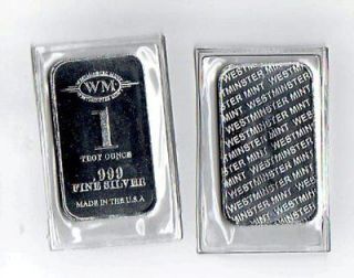 Troy Oz One Silver Bar by Westminster Mint .999 Pure   Hallmark 