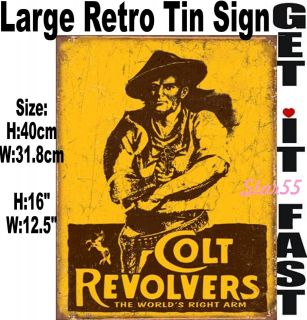 Large Cowboy Gun Colt Revolver Vintage Retro Metal Tin Wall Plaque 