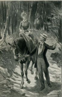 MAN LEADING WOMAN ON HORSE~RIDING~B​H~1896 antique print