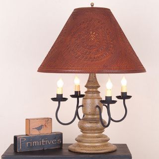primitive PEARWOOD 4 arm wood table lamp w/punch CHISEL tin shade/nice 