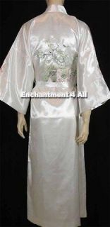 Embroidered Flying Crane Silk Satin Kimono Robe Sleepwear Long Waist 