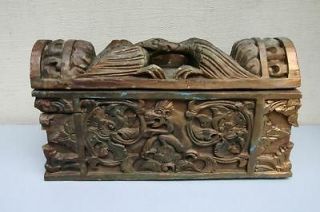   Primitive Wood Carved Asian Chest with Fighting Birds handle   Unique