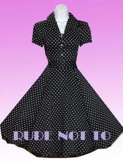 50s ROCKABILLY VINTAGE STYLE RETRO PROM PIN UP Black White Dot Dress
