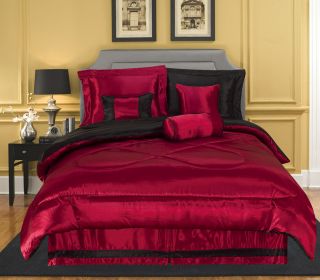 7pc Reversible Satin Burgundy Black Comforter Set Bed in A Bag Queen 
