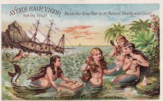 Antique Victorian scrap trade card Ayers Hair Vigor mermaids