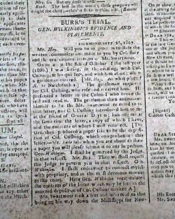 Trial of Aaron Burr Treason James Wilkinson Evidence 1807 Newspaper 