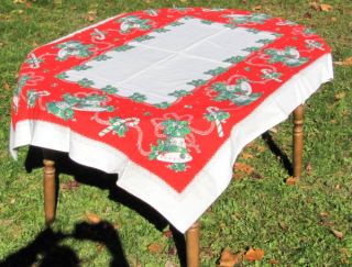 Bright Vtg Christmas Tablecloth Bells Candy Canes 66 x 45