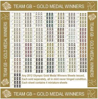 All 2012 Olympic Gold Medal Winners Sheets Mint Each Sold Seperately 