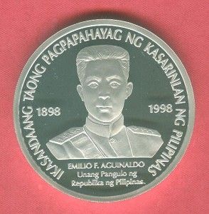 PHILIPPINES 1998 500 PESO AGUINALDO CENTENNIAL, SILVER PROOF WITH CASE 