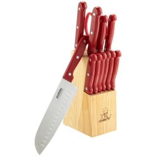   Red Santoku Knife Cutlery Set w Block and Steak Knives New