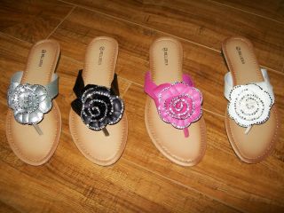 Belladia Flip Flop Flat Heel Sandal Rosy Flower Design with Jeweled 