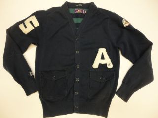 Mens AKOO Brand Navy Blue Green Stripes Cardigan Sweater 15 Fox Field 