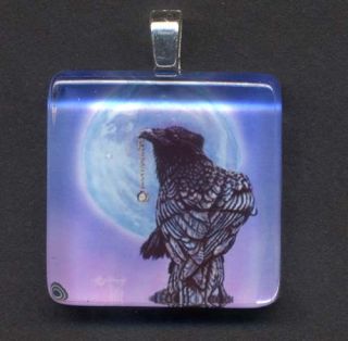 Akiko Original Crow Raven Blue Moon Glass Tile Pendant
